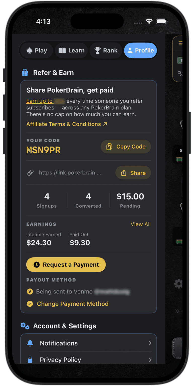 PokerBrain in-app affiliate dashboard showing referral code, balance, and payout options