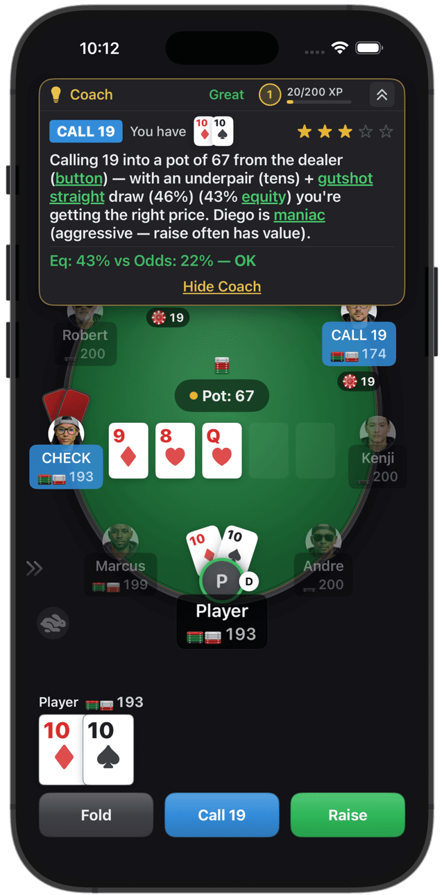 PokerBrain AI coach panel — real-time advice with equity analysis