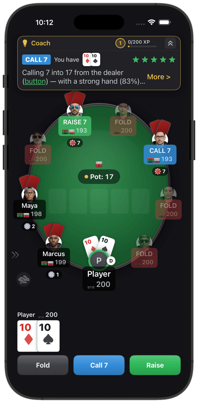 PokerBrain game table — 9-player preflop action with AI coach