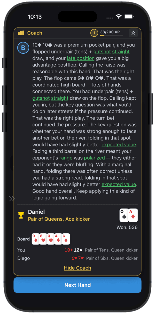 PokerBrain end-of-hand review — detailed breakdown with range and EV concepts