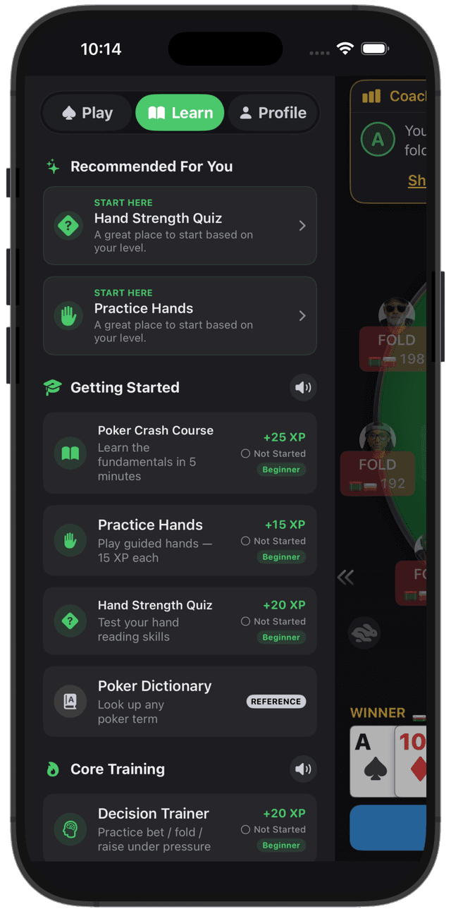 PokerBrain Learn tab — structured lessons, quizzes, and training modules