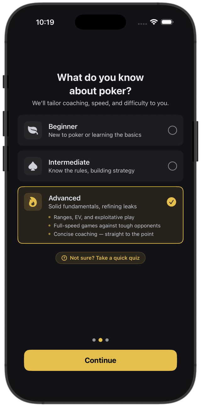 PokerBrain skill level selection — Beginner, Intermediate, or Advanced