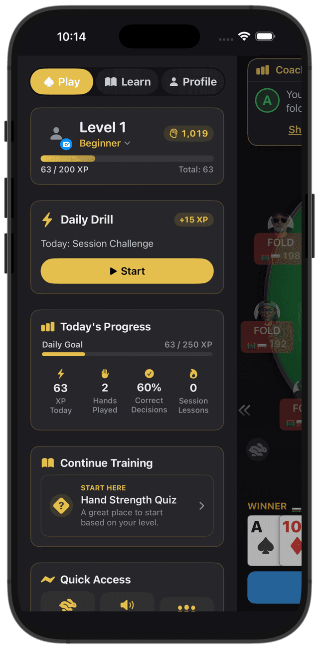 PokerBrain Play tab — daily drill, XP progress, and session stats