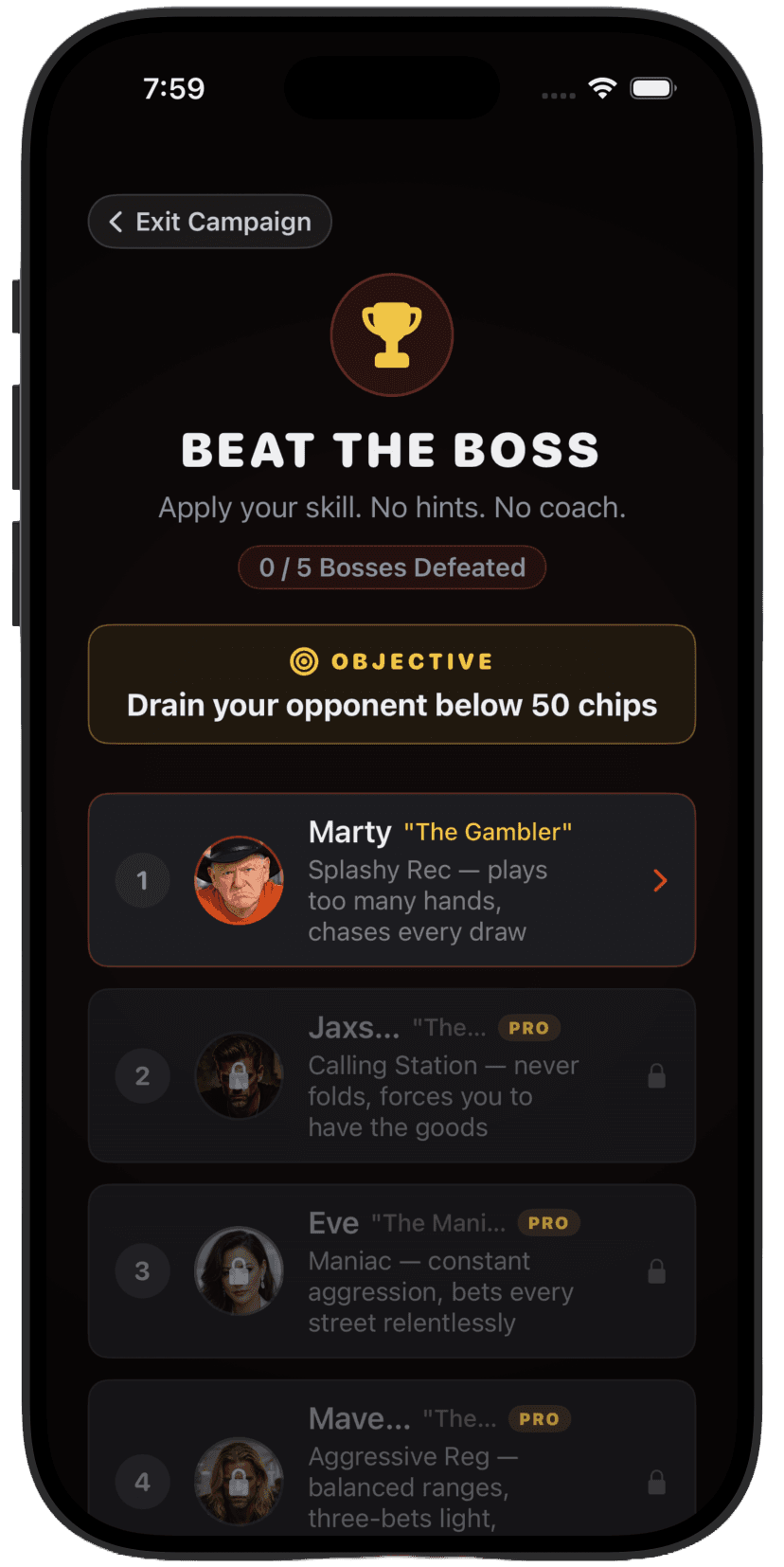 PokerBrain Beat the Boss โ campaign mode with unique boss opponents