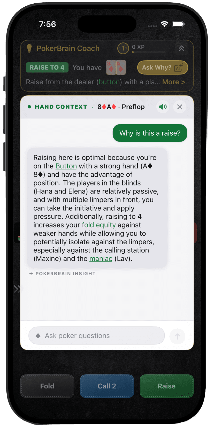 PokerBrain AI coach panel โ real-time advice with equity analysis