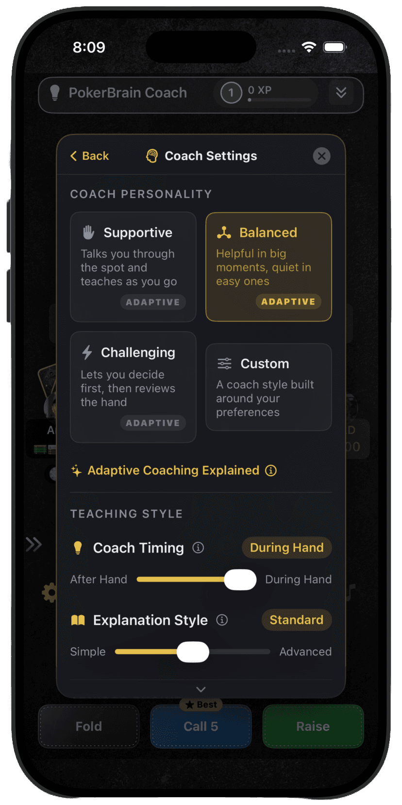 PokerBrain Coach Settings โ customize personality, timing, and explanation style