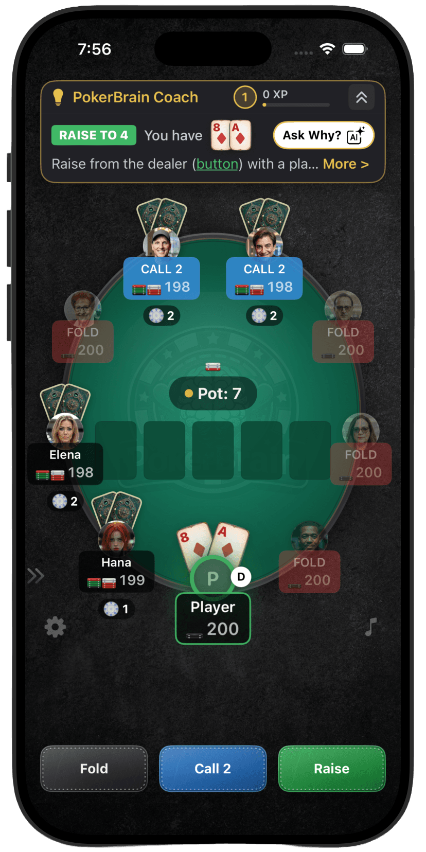 PokerBrain game table โ 9-player preflop action with AI coach