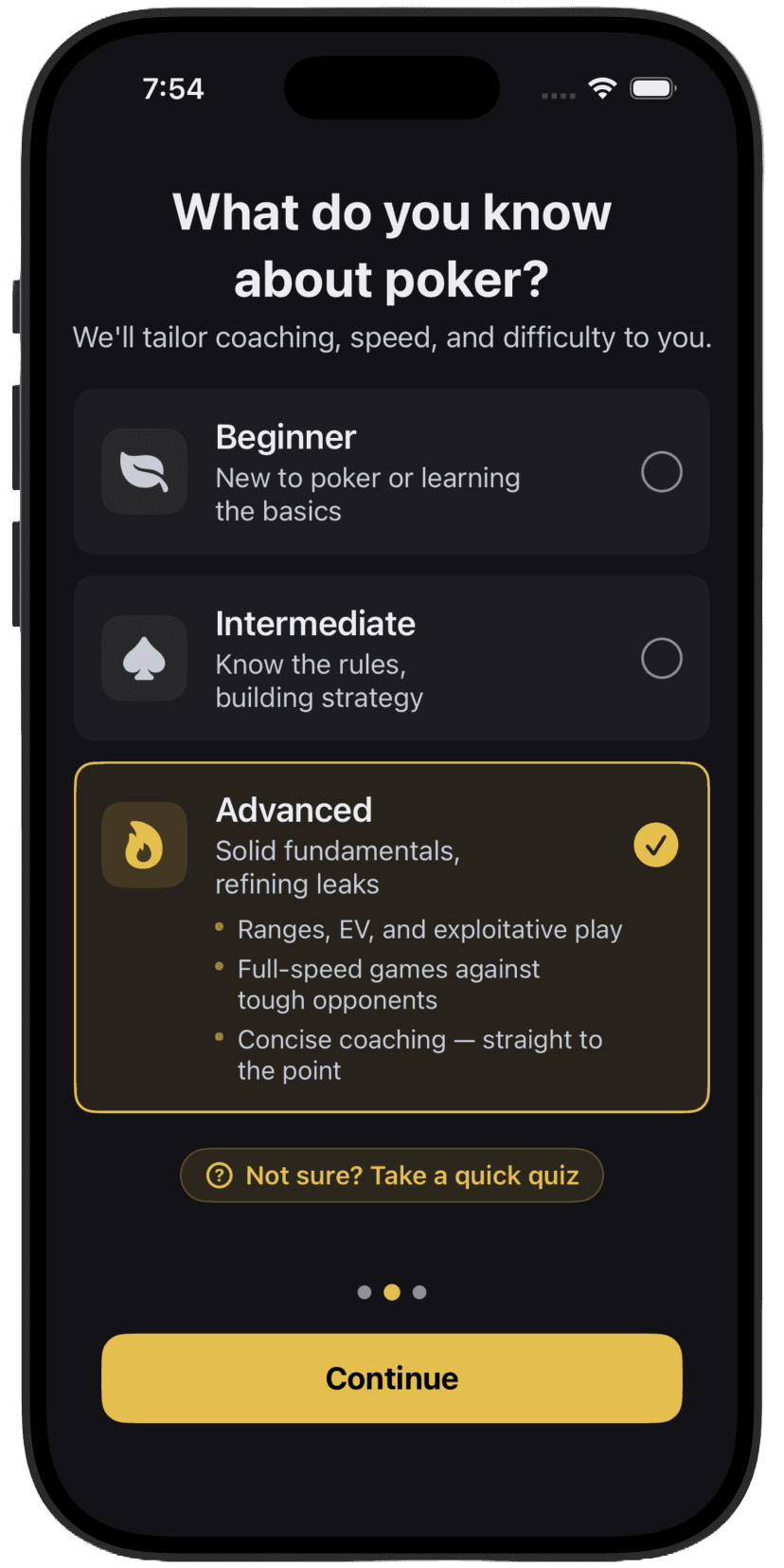 PokerBrain skill level selection — Beginner, Intermediate, or Advanced