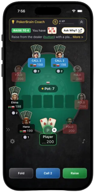 PokerBrain game table — 9-player preflop action with AI coach